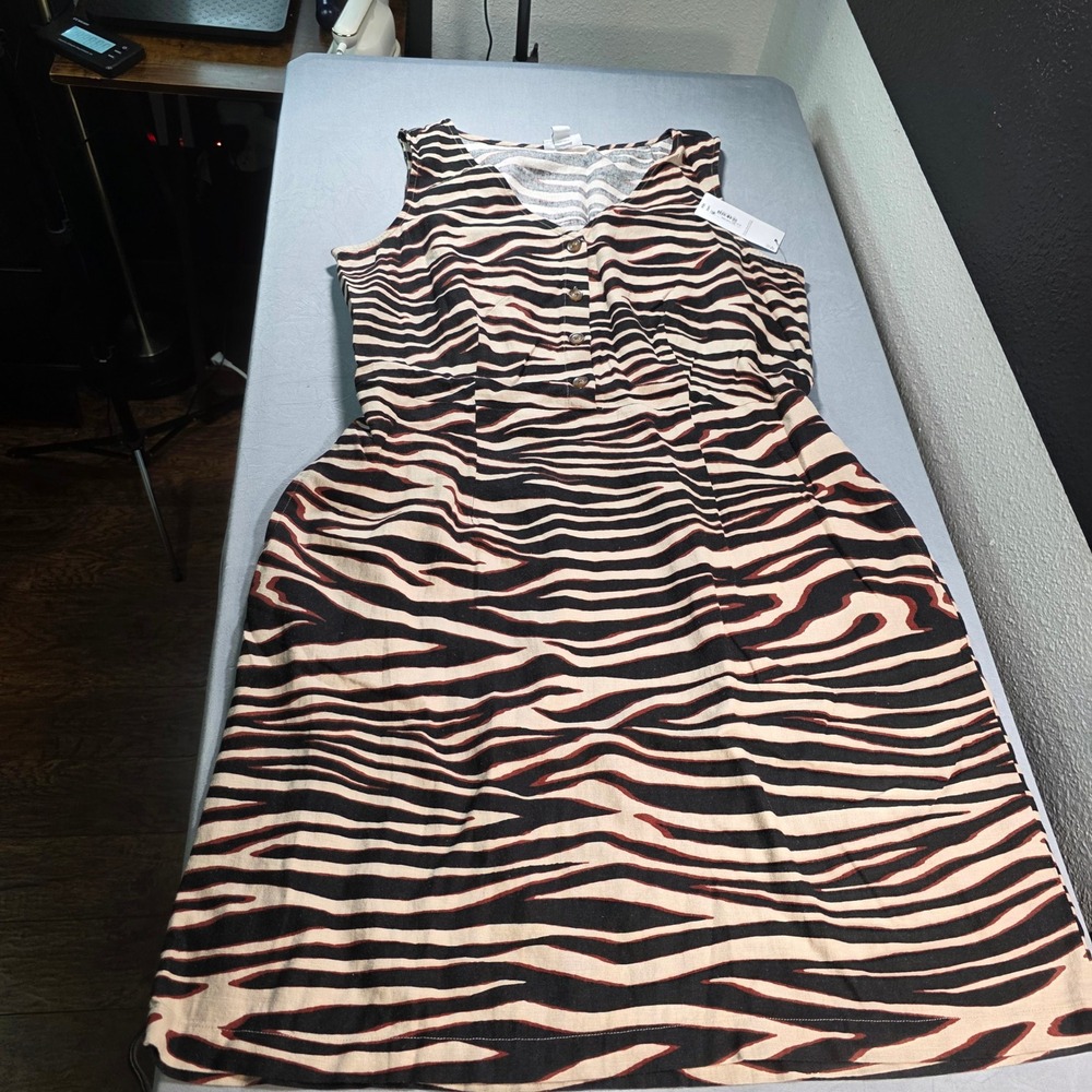 Liz Claiborne Zebra Print Linen Blend Button Front Midi Dress Beige Black‎ Large